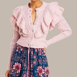 Farm Rio Cardigan Sweater Pink Flower Texture Crochet Knit Ruffle Small NWT